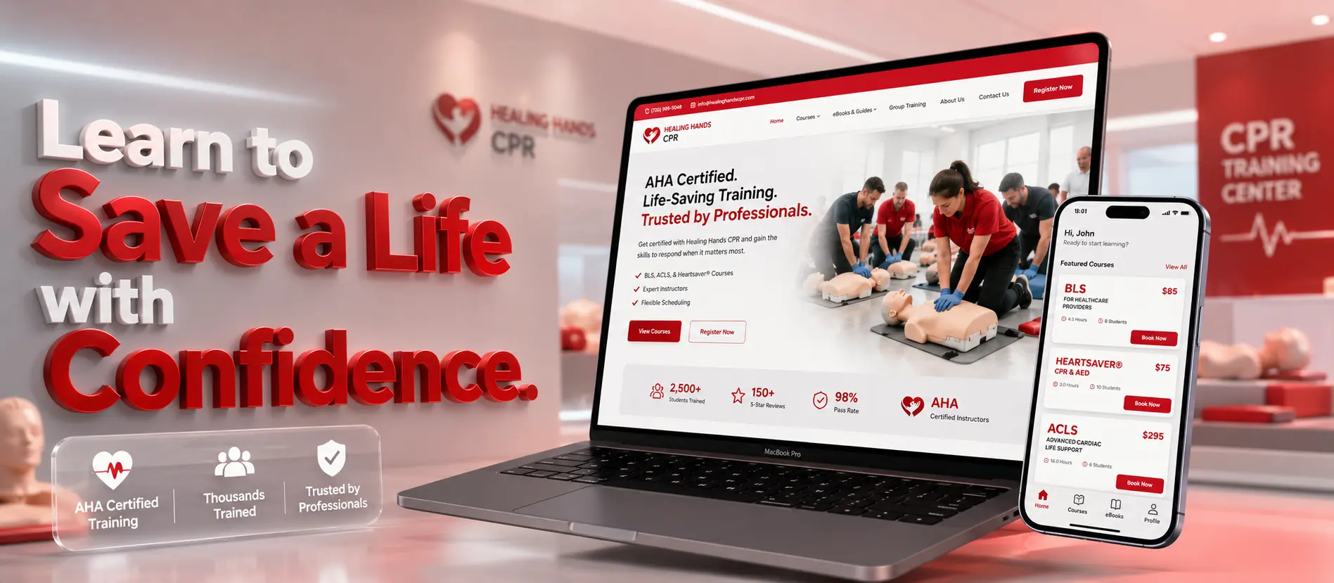 Healing Hands CPR training platform presented across desktop and mobile with courses and registration functionality.