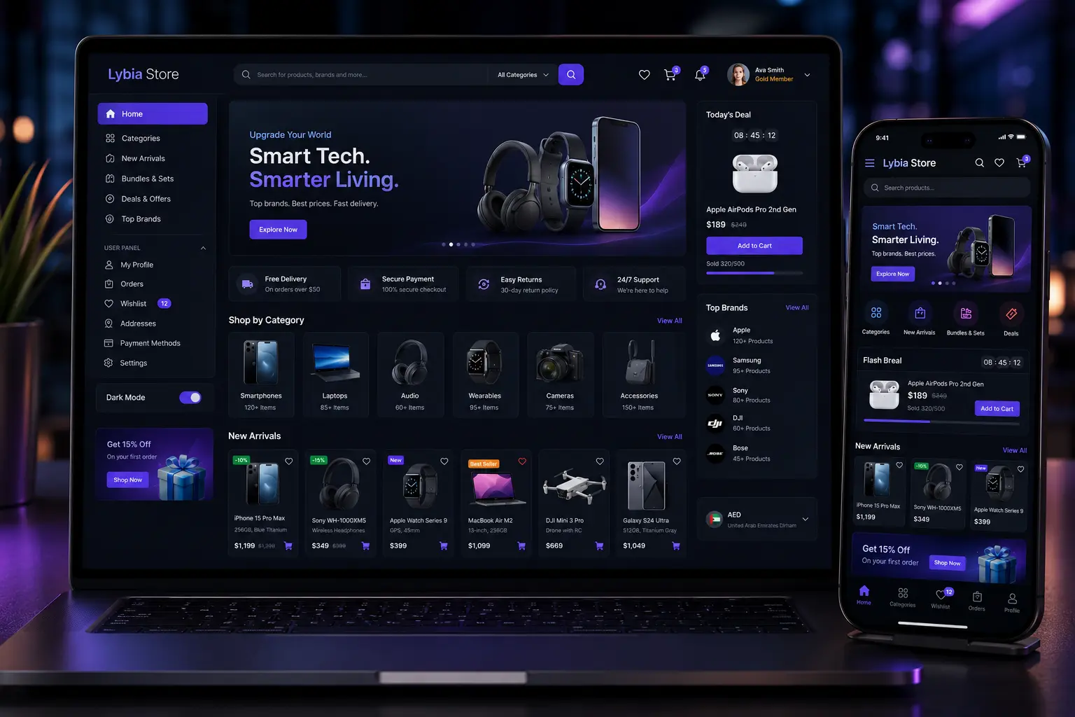 Dark-mode electronics storefront presented across desktop and mobile with categories, deals, products, and account features.