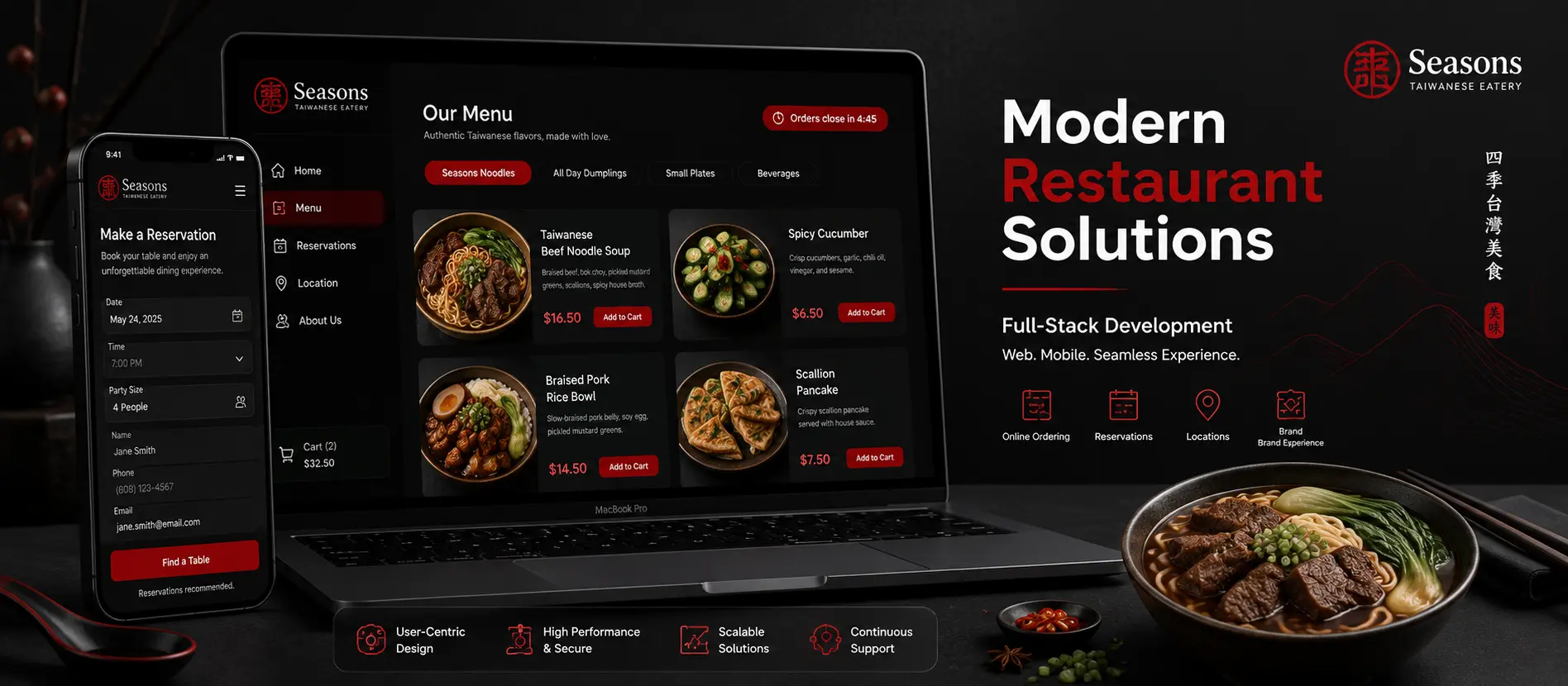 Seasons Taiwanese Eatery digital platform showing responsive ordering, menu, and reservation experiences.