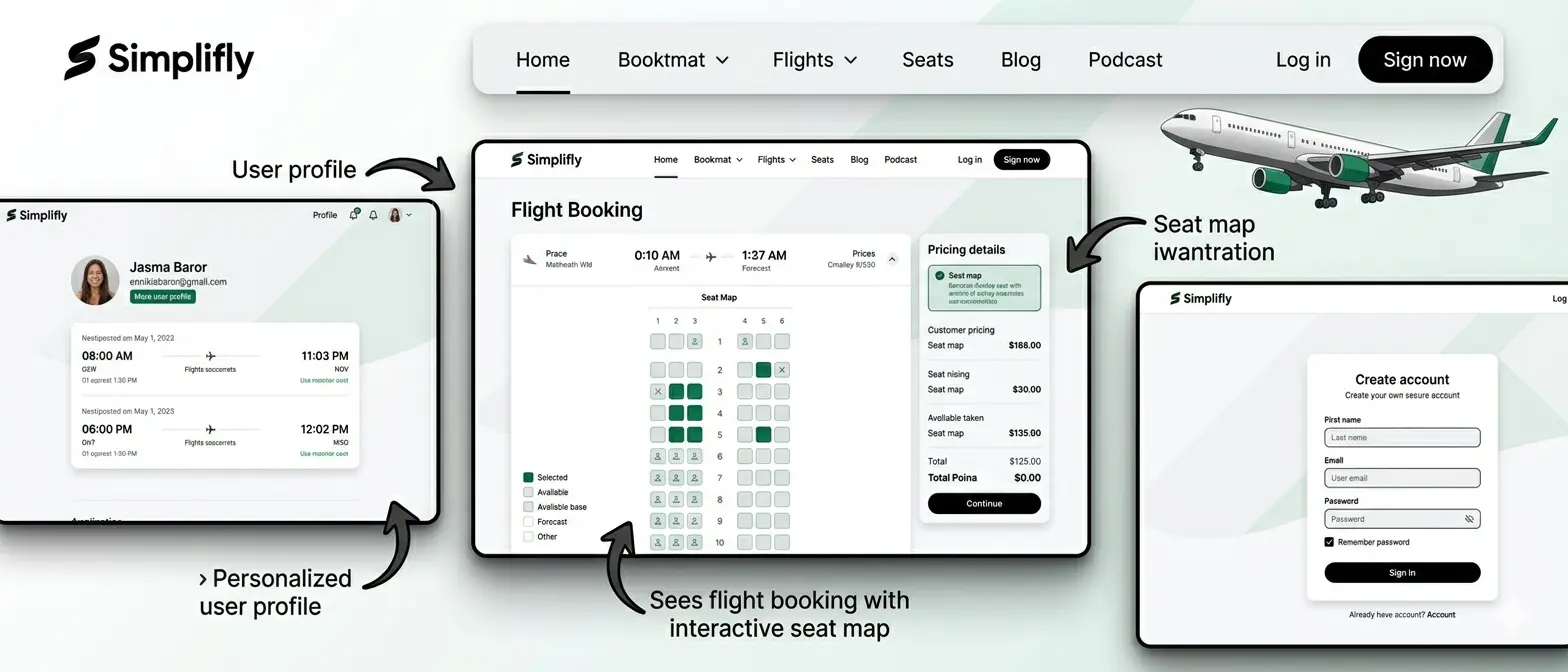 Simplifly flight-booking interface featuring user profiles, seat selection, pricing details, and account creation.